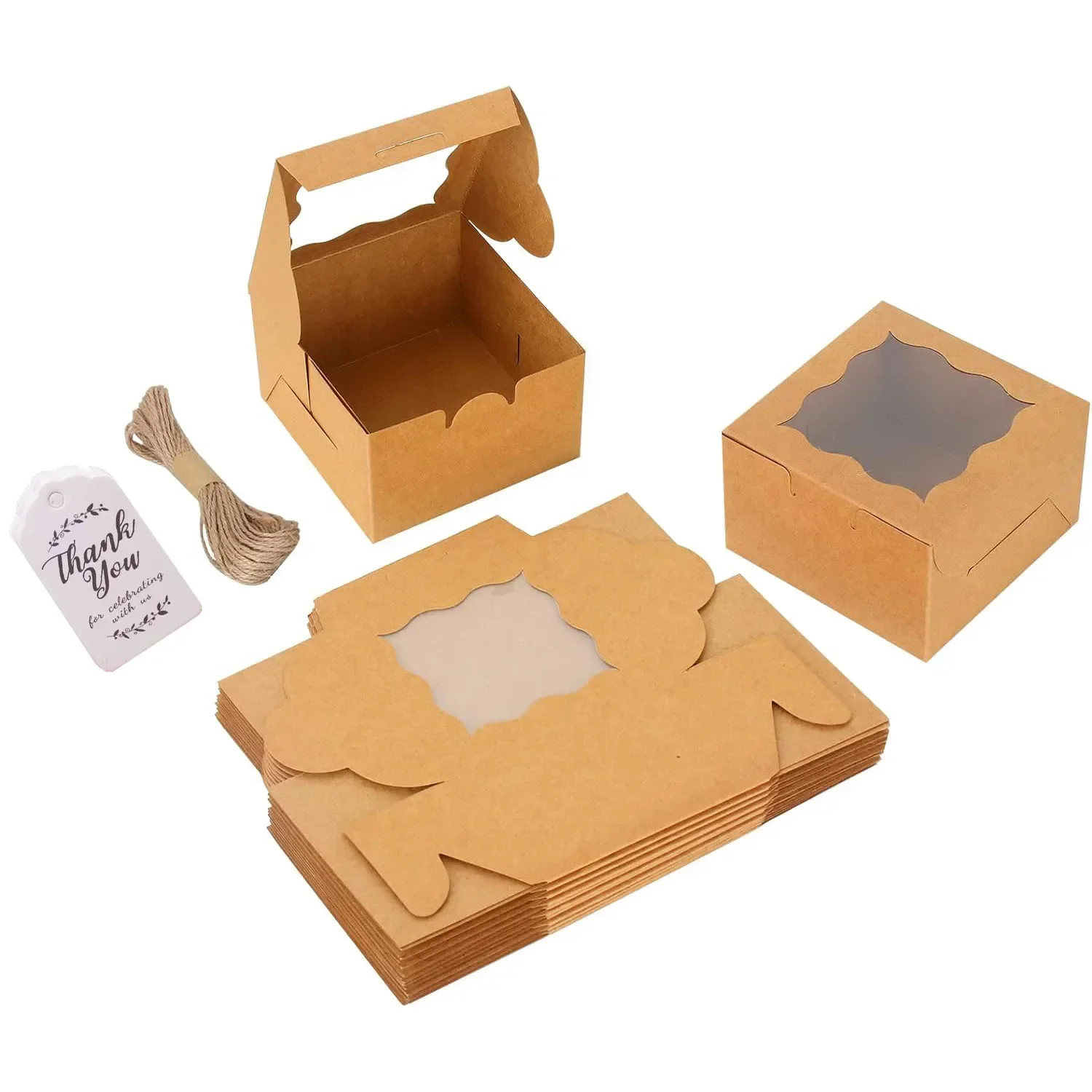 1Set Bakery Boxes with Window Individual Cupcake Boxes 4x4x2.5In Kraft Paper Box for Pastries, Cookies, Pie, Donuts, Macaroon