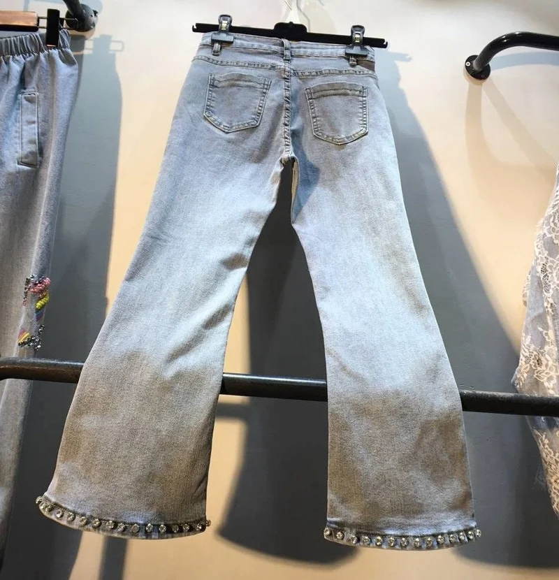 Nova primavera 2023 calças miçangas strass azul calças de brim mulheres cintura alta emagrecimento estiramento divisão queimado recortado denim calças rua