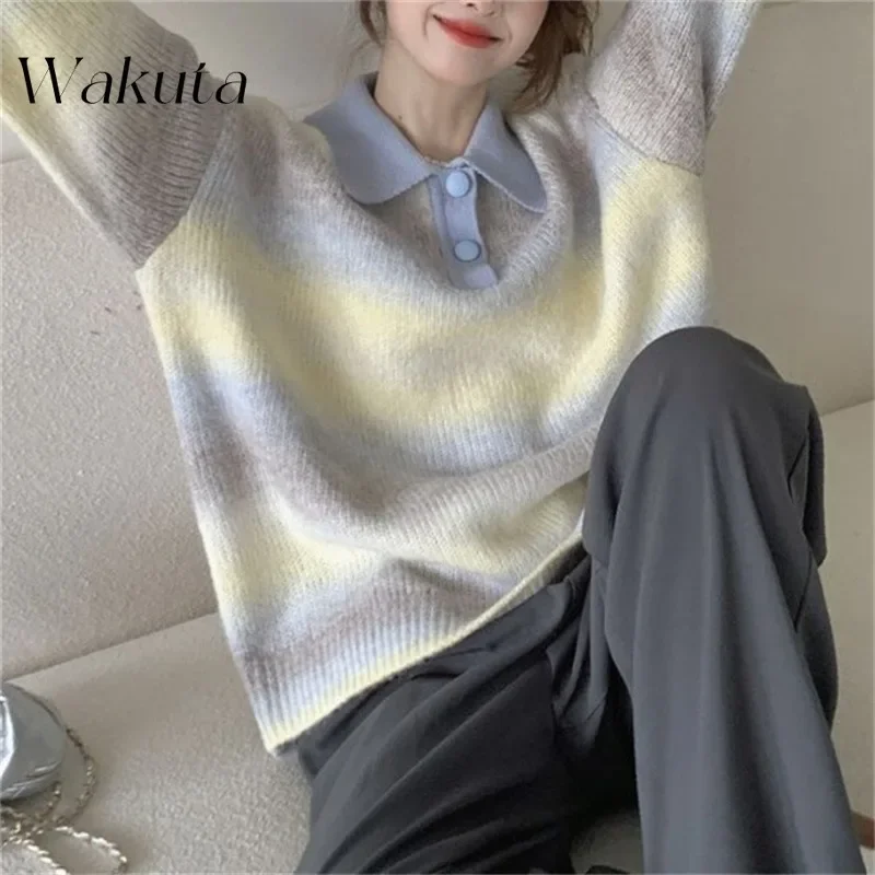 WAKUTA Korean Version of The Classic Polo Collar Long-sleeved Knit Coat Fashion Gradient Sweater Casual Lazy Wind Loose Pullover