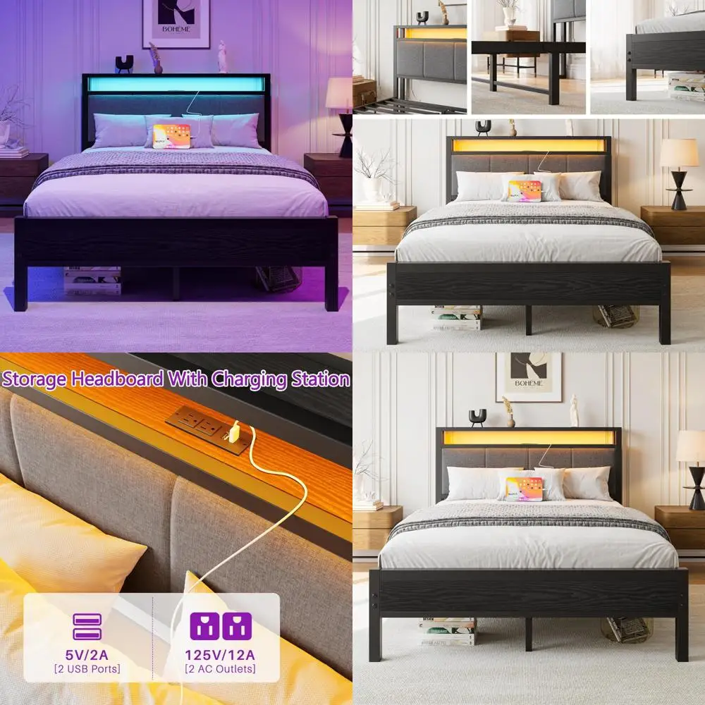 

Heavy-Duty Metal Full Size Bed Frame with LED Lights, Charging Station, and Fabric Storage Headboard