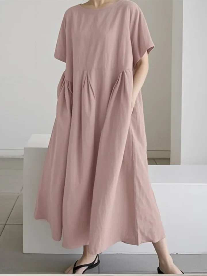فستان فضفاض غير رسمي للنساء موضة كم قصير رقبة دائرية فساتين رداء نسائي عطلة مكتب ملابس نسائية صيف جديد 2025