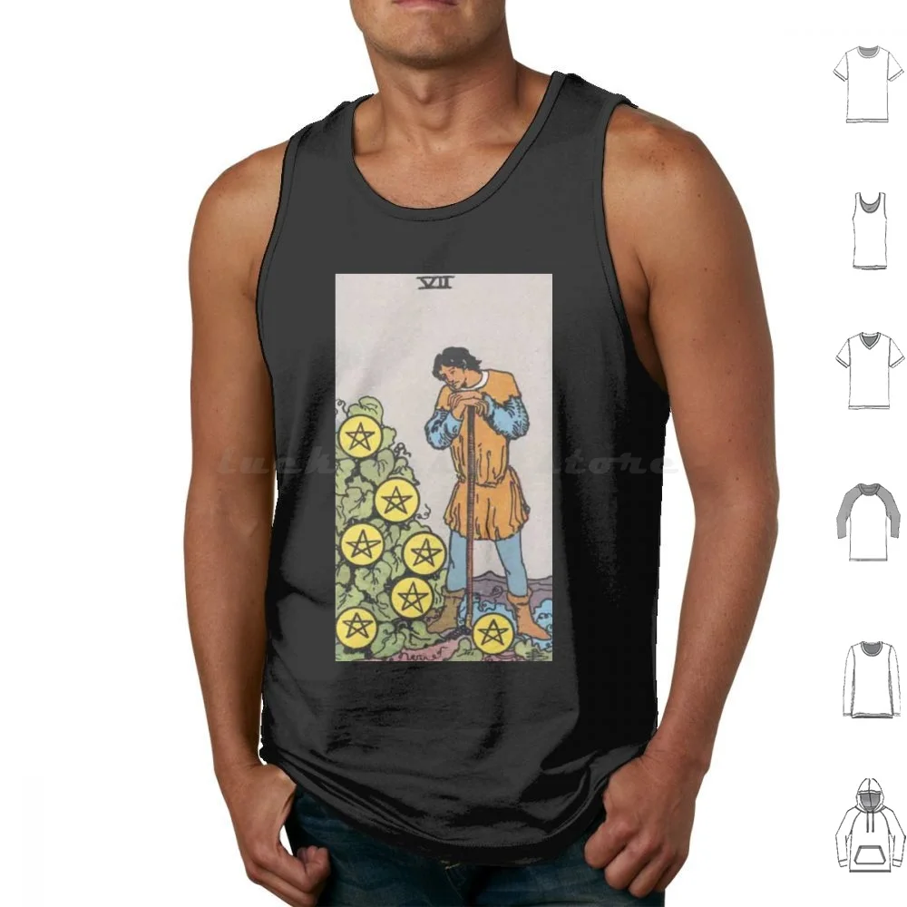 Rider-Waite Tarot, siete de pentáculos, camisetas sin mangas con estampado de algodón, siete 7, siete de pentáculos, pentáculo siete