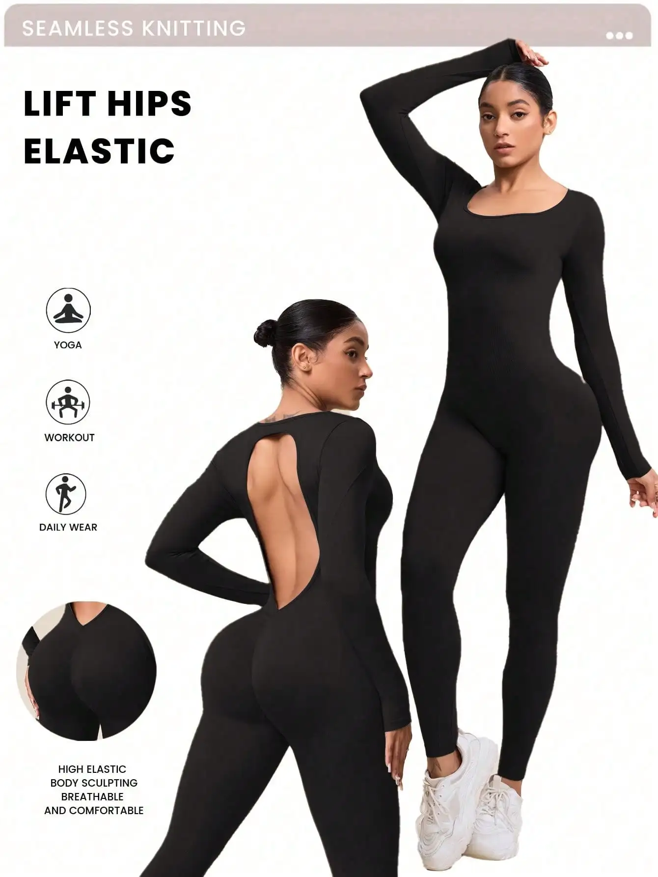 Women Jumpsuits Long Sleeve Sexy Backless Bodycon Rompers Scrunch Butt V Back Playsuit Workout Bodysuit