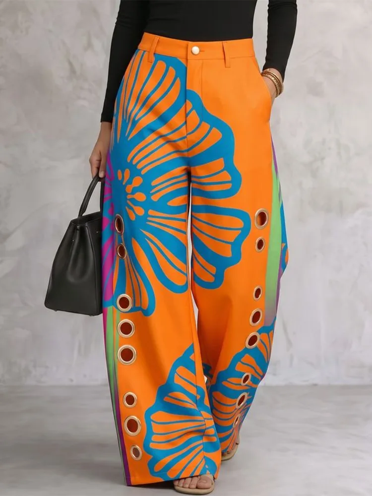 Yeezzi Women High Waist Wide Leg Pants Blue Floral Printed Metal Eyelet Cutout  Loose Full Length Casual Streetwear Trousers view 3