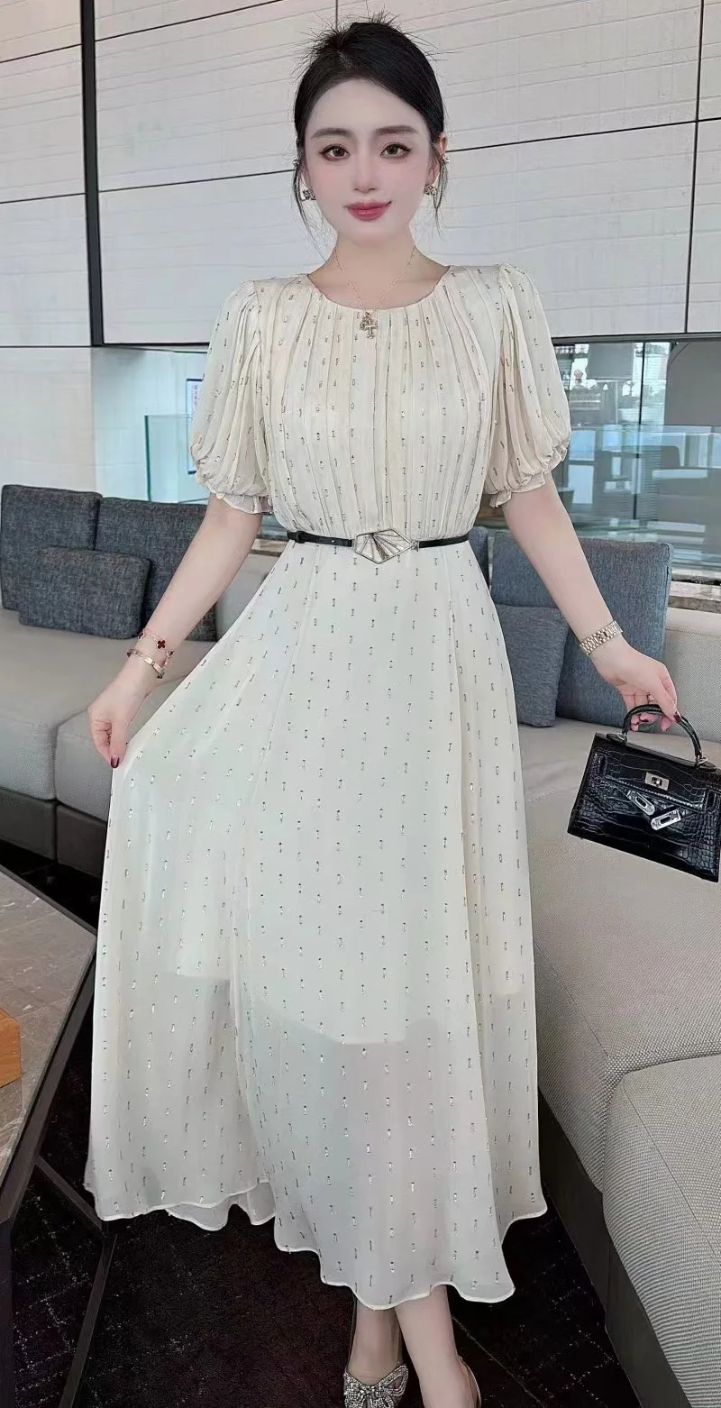 

XXXL Long Dress 2024 Summer Evening Party Women Lurex Yarn Patchwork Belt Deco Short Sleeve Apricot Black Long Maxi Dress Luxury