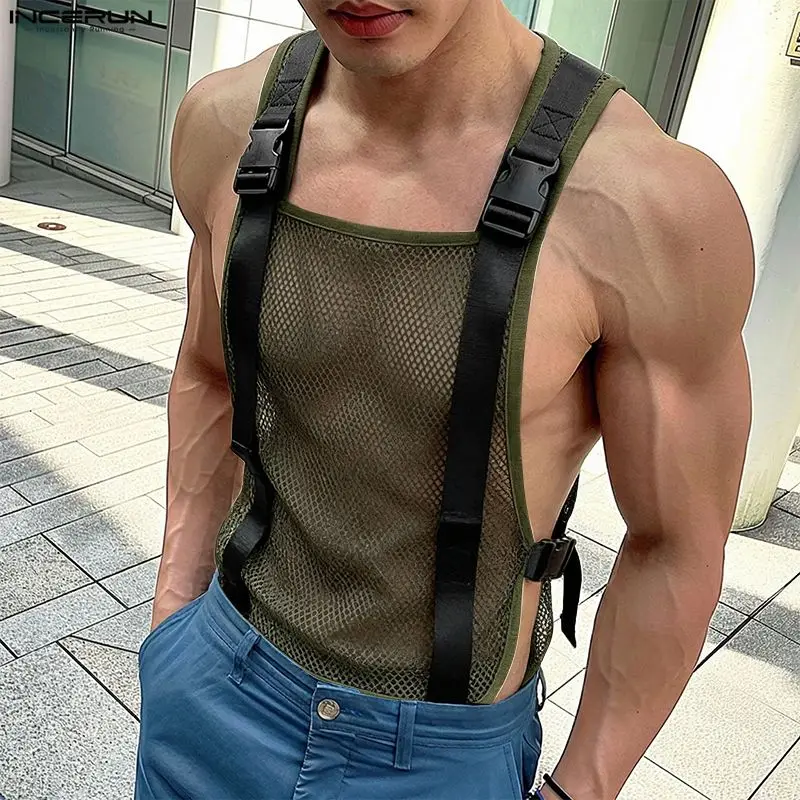 INCERUN Men Tank Tops Mesh Patchwork See Through Sleeveless Male Vests Streetwear Sexy Fashion Men Clothes Tops For Man 2026