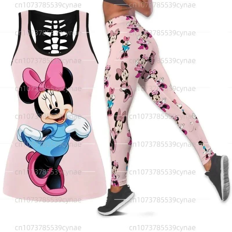 Disney Minnie Women's Hollow Vest + Women's Leggings Yoga Suit Mickey Fitness Leggings Sports Suit Tank Top Legging Set Outfit