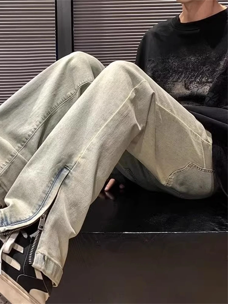 

American Sle Men's Slim Straight Leg Jeans Spring Autumn High Street Vibe Zipper Slit Pants Youth Trend Wear Resistant