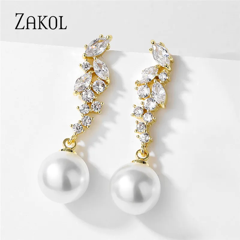 ZAKOL Korean Fashion Cubic Zirconia Pearl Dangle Earrings for Women Luxury Engagement Wedding Party Jewelry Gifts EP5125