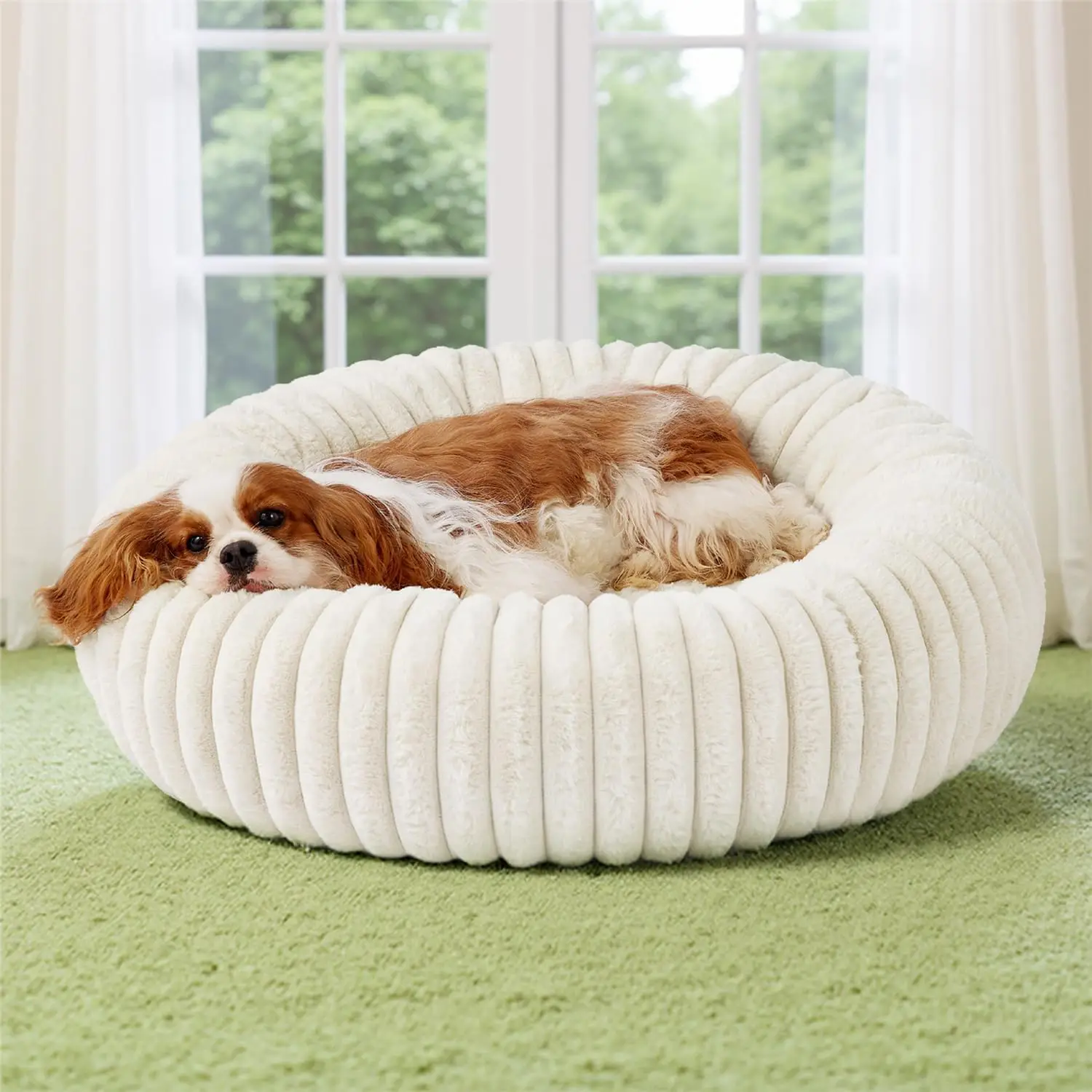 

Medium Washable Donut Dog Bed with Faux Fur, Anti-Slip Bottom & Removable Cover, Cream, 30x30x8 inches