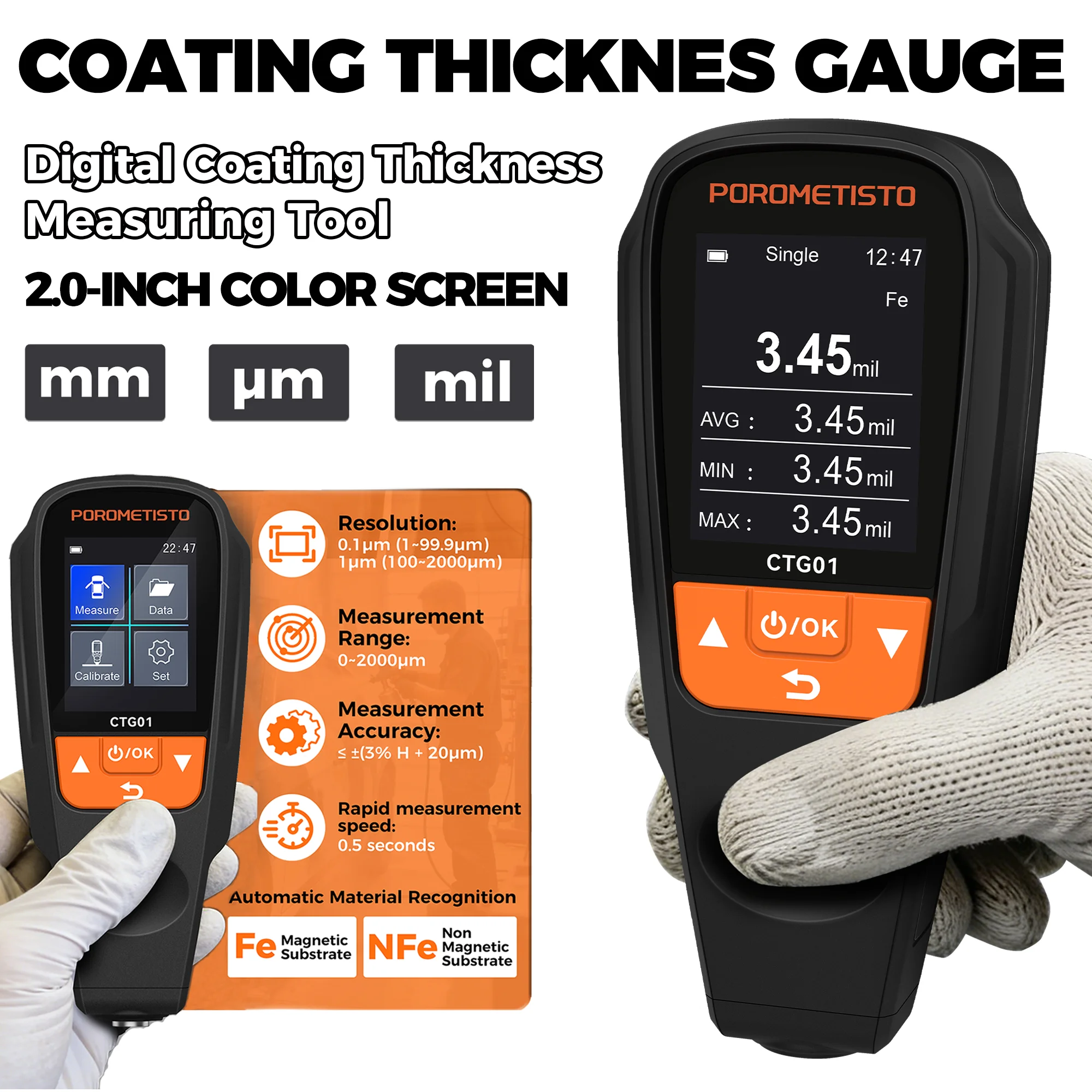 New Thickness Gauge Film Thickness Meter Car Paint Thickness Tester 0-2000UM Fe NFE Coating Meter With Data Export Color Screen