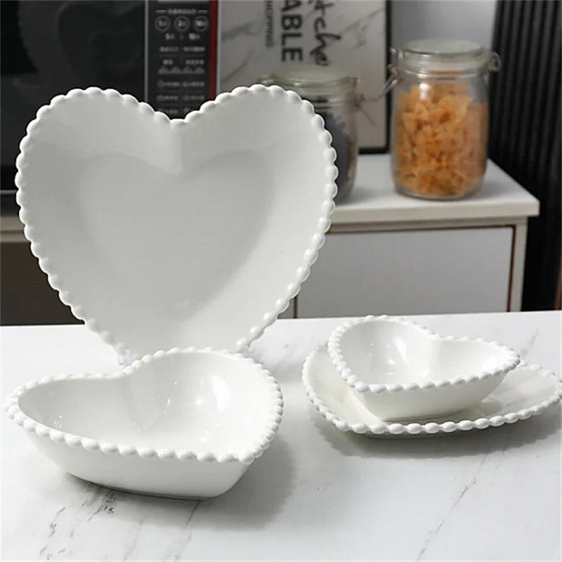 French Romantic Bead Edge Pure White Ceramic Tableware High Beauty Plate Dessert Western Salad Flat Plate Steak Plate