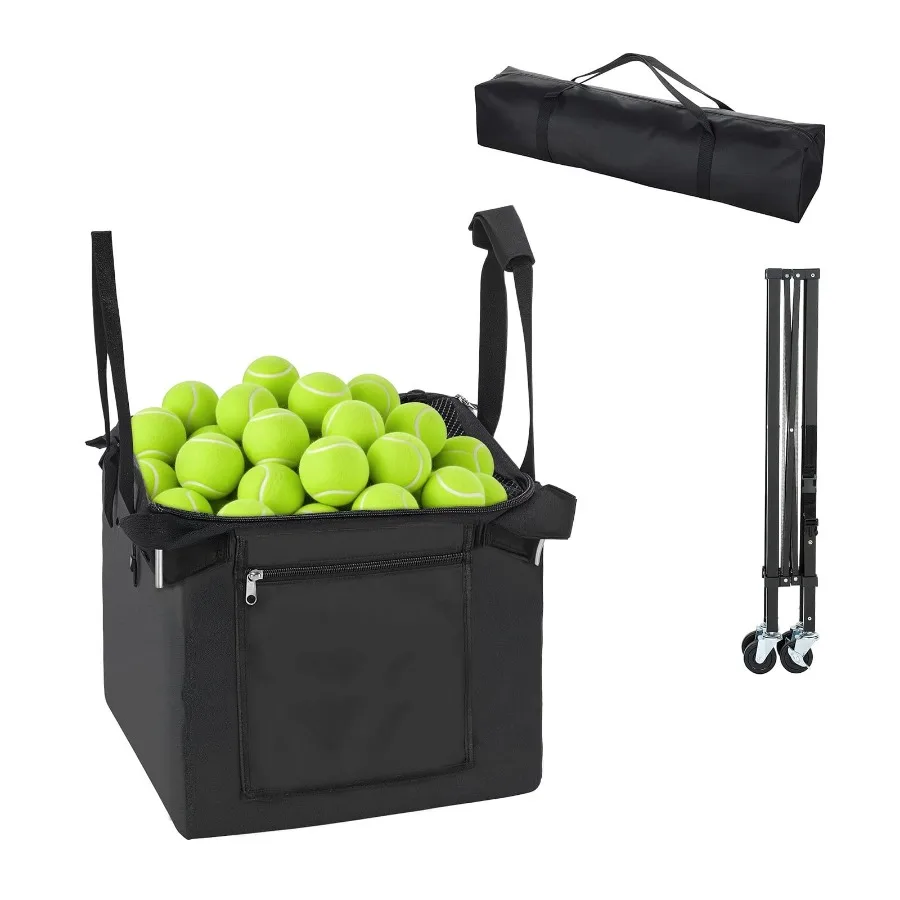 

Tennis Ball Hopper with 120-Ball Capacity Foldable Pickleball Basket Cart with Wheels Lightweight Aluminum Alloy Design Portabl