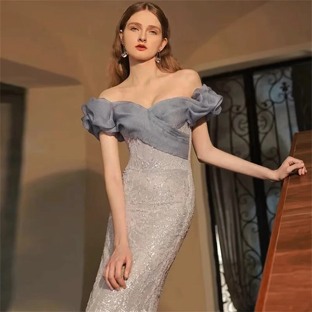 Customized Prom Dress Exquisite Off The Shoulder Sheath Pageant Dresses Flouncing Tulle Ruched Formal Evening Gowns 드레스 연주복 파티복