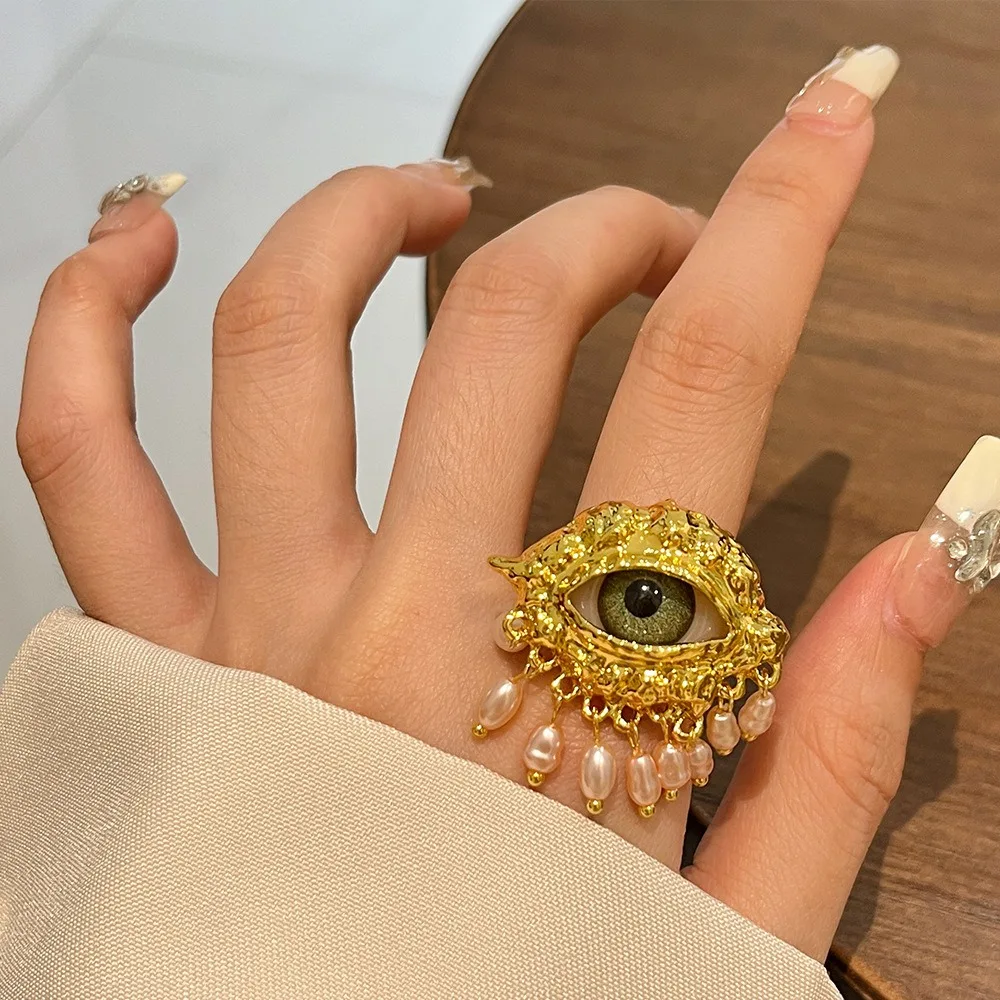 Aesthetic Vintage Devil\'s Eye Ring Tassels Imitated Pearl Glaze Ring Delicate Exaggerated Opening Finger Ring Girls