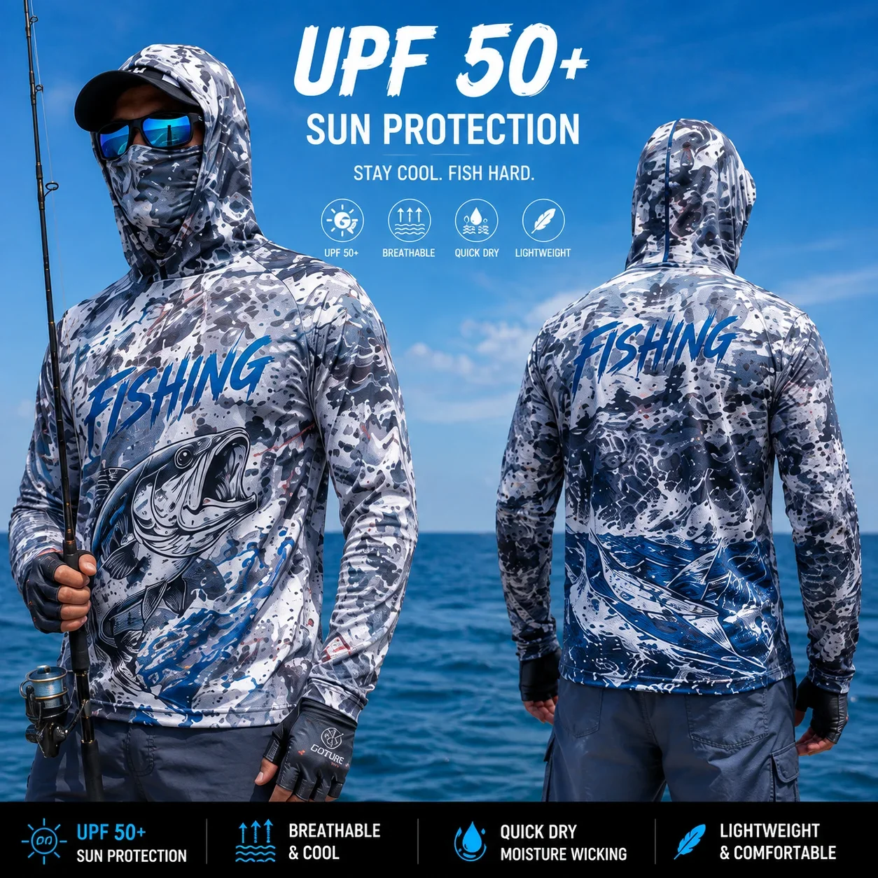 Herren-Angelhoodie mit UPF50+ Sonnenschutz, Maskenmuster, langärmelig, schnelltrocknend, atmungsaktiv, leicht, für das Angeln auf hoher See. – Detail 13