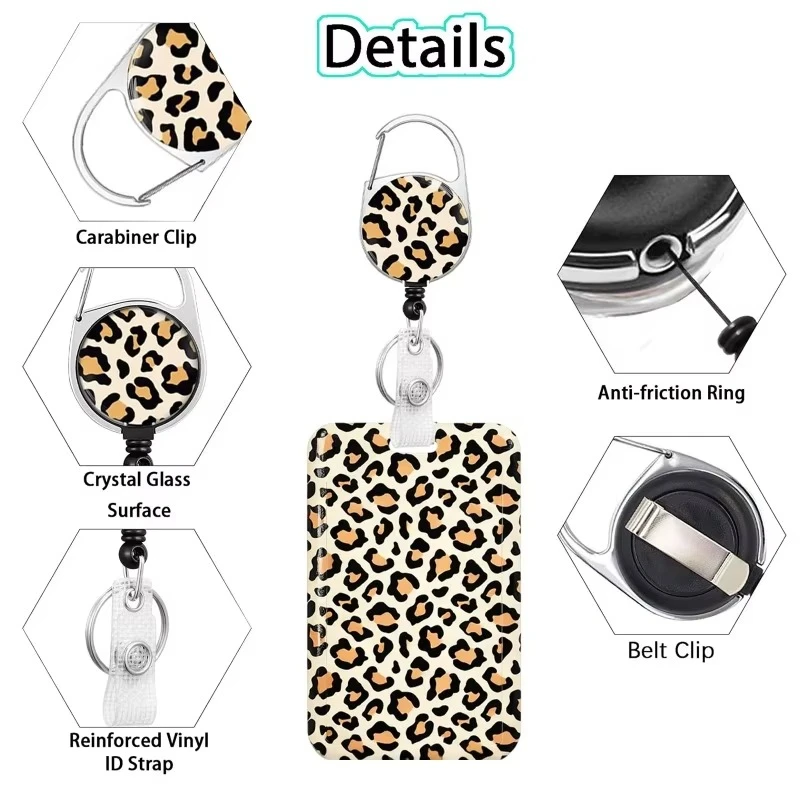 Leopard Print Card Holder With Retractable Badge Reel ID Card Case Portable Bus Card Cover Keychain For Women Men