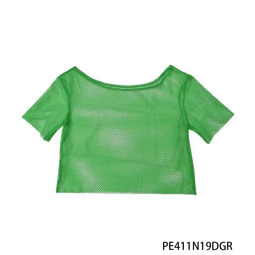 PESENAR 1980s green fishnet top T-shirt, suitable for 1980s parties and carnivals