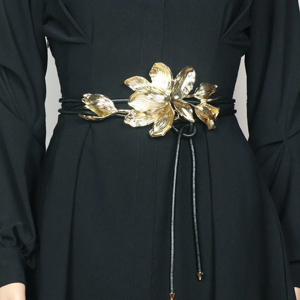 

Длинный регулируемый золотой пояс-цепочка с тюльпанами, винтажный, из металлического сплава, с цветочным узором, из искусственной кожи, серебристый, эффектный пояс-украшение