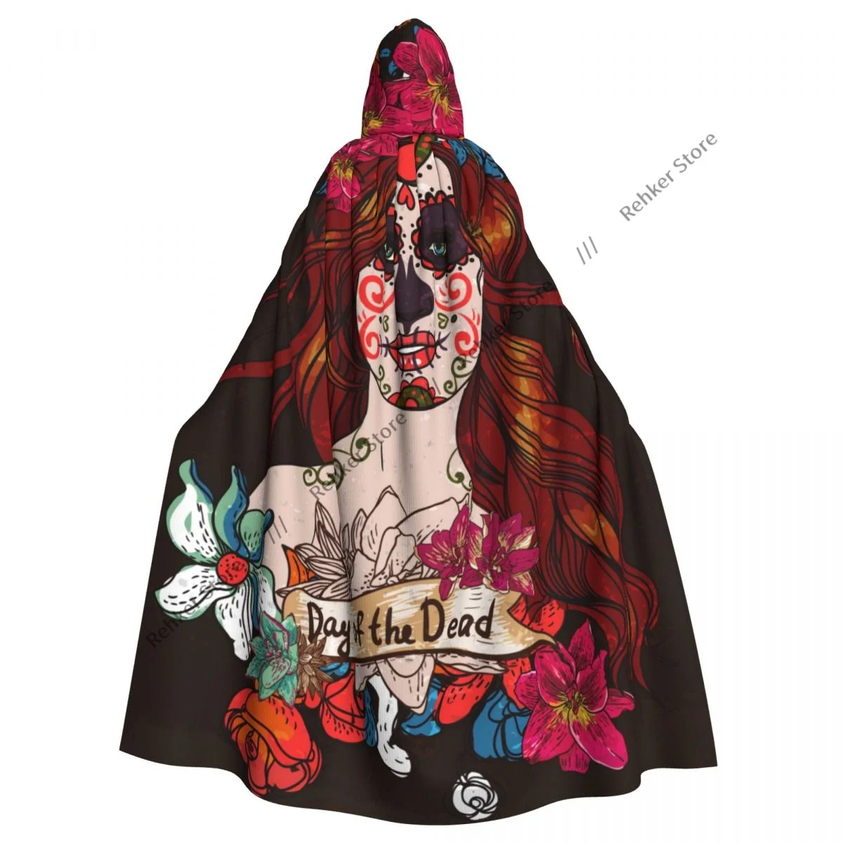 Girl With Sugar Skull Day Of The Dead Hooded Cloak Coat Halloween Cosplay Costume Vampire Devil Wizard Cape Gown Party