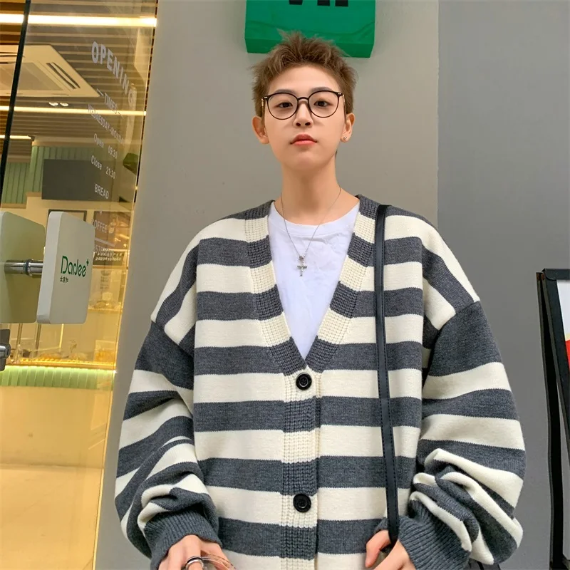

Winter Korean V Neck Knitted Cardigan Sweater Mens Streetwear Fashion Neutral Striped Cardigan Jacket Tops Knitted 2024 New XXXL