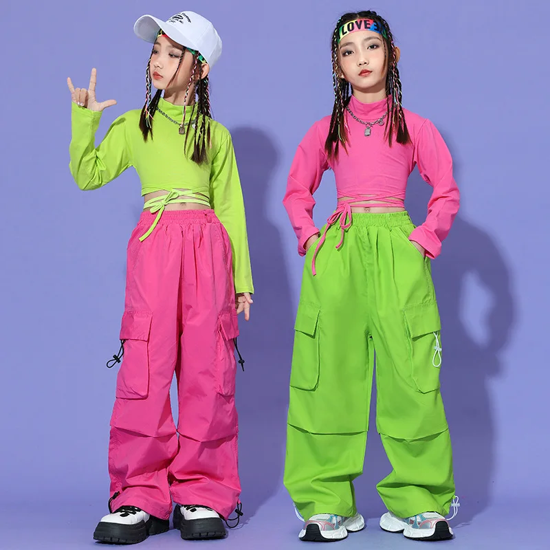

Kid Hip Hop Clothing Green Lace Up Long Sleeve T Shirt Crop Top Casual Parachute Cargo Pants for Girl Jazz Dance Costume Clothes