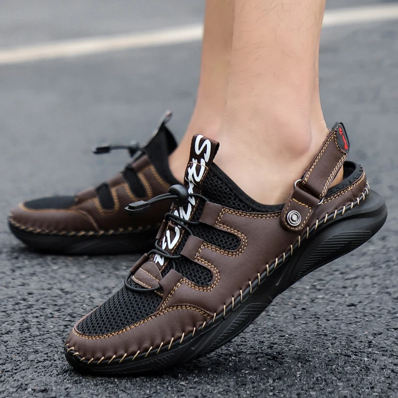 Men's Summer Leather Mesh Sandals Closed Toe Hand Stitched 2 Ways Wear Slippers Outdoor Beach Non-slip Soft Sole Big Size 38-48