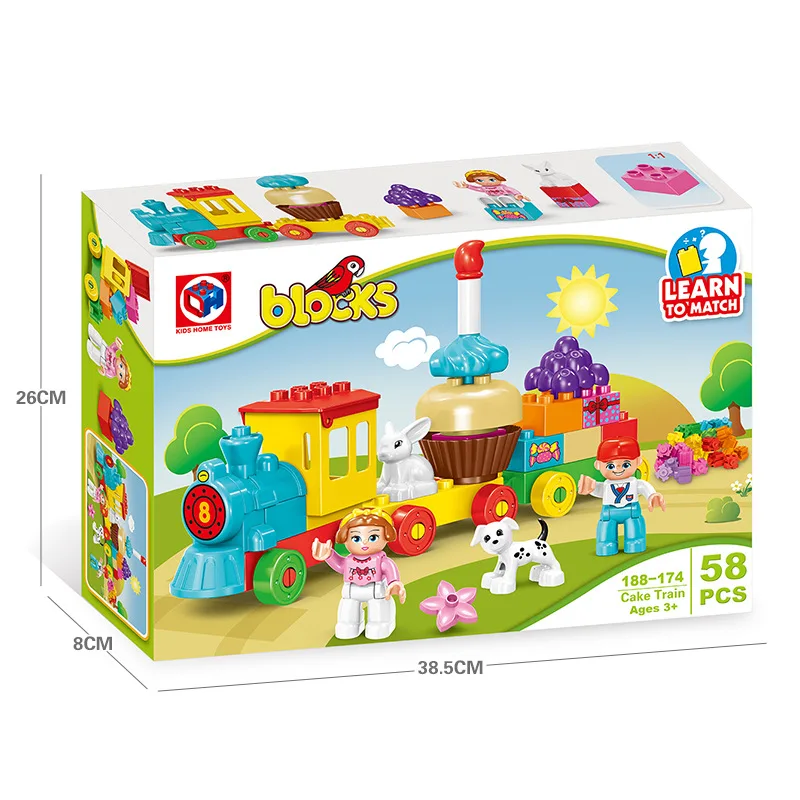 58 개/대 크리 에이 티브 생일 축하 케이크 기차 대형 입자 빌딩 블록 어린이를위한 조기 교육 퍼즐 장난감 크리스마스 선물
