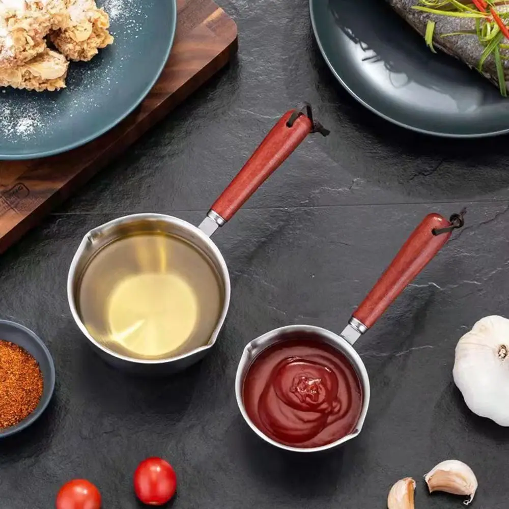 Stainless Steel Oil Sprinkling Small Pot with Wooden Handle Hot Oil Household Kitchen Multifunction Milk Pot