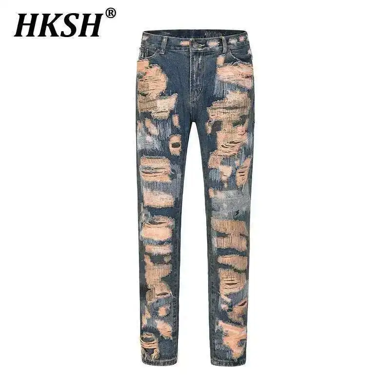 

HKSH Men Tide Vintage Chic Denim Pants High Street Ins Needle Patch Hole Embroidered Straight Slim Legged Jeans Holes New HK3843