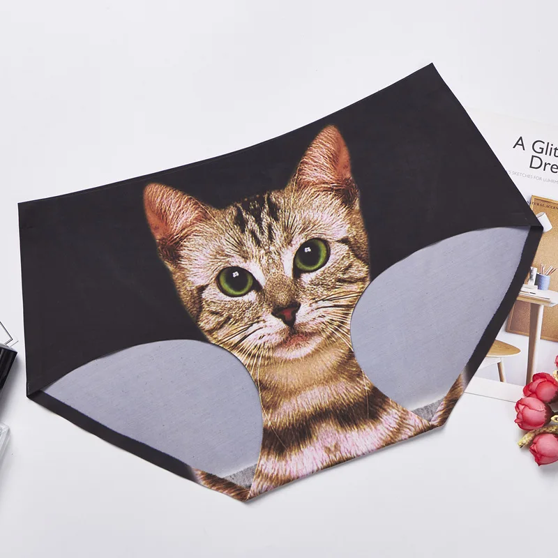 3d Print Cats Head Panty Ice Silk Cat Print Briefs Seamless Ultra-Thin Ice Silk Women Sexy Underwear  Intimates Mid-Waist Briefs