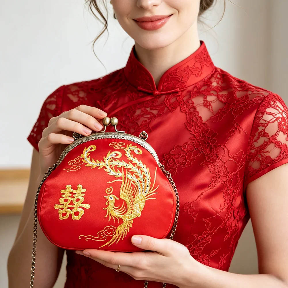 Red Frame Purse with Gold Embroidered Phoenix & Double Happiness – Auspicious Wedding Accessory, Exquisite & Refined