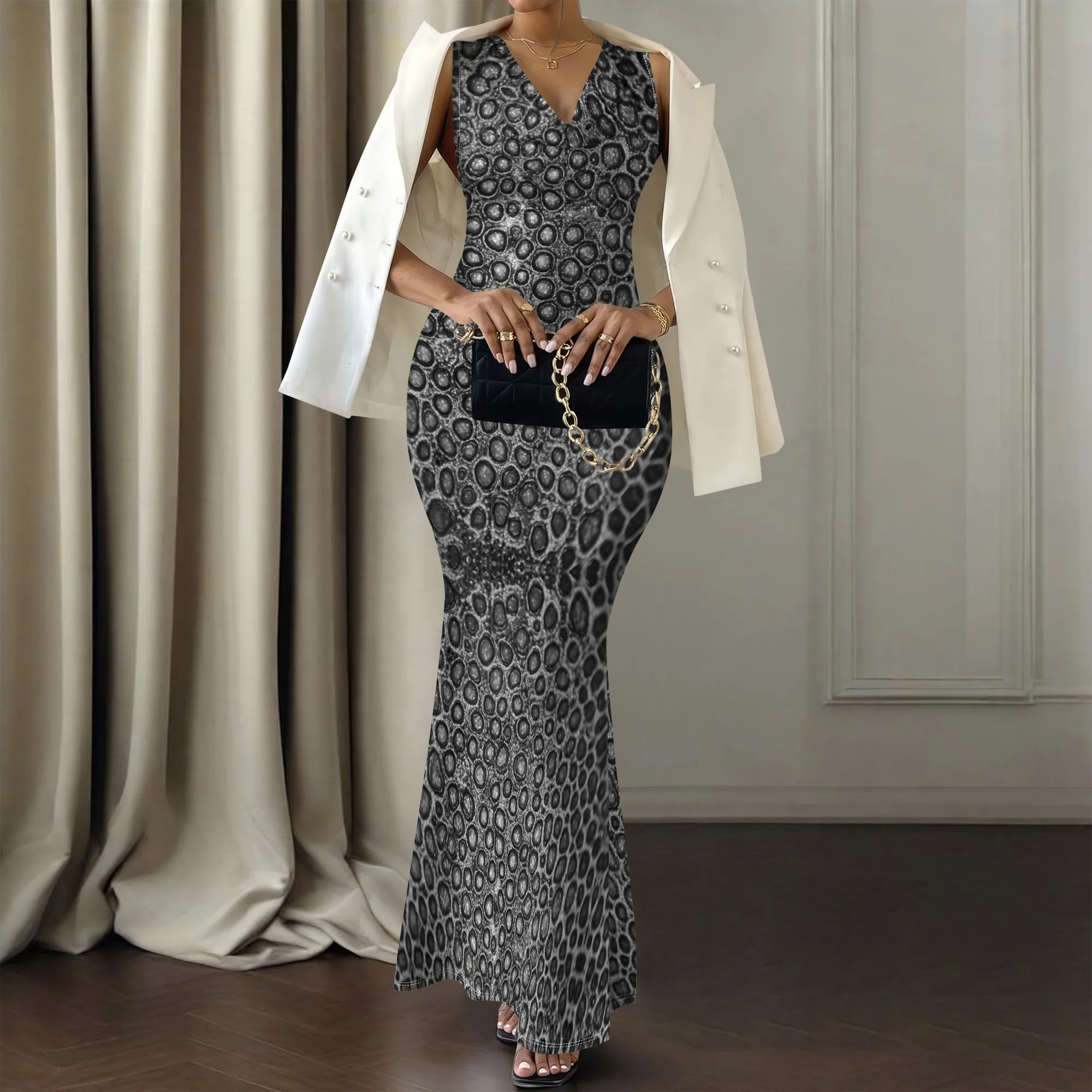 Black Lace Print V-Neck Maxi Dress XS-2XL | Elegant Dress for Evening Parties, Dinners, and Special Occasions