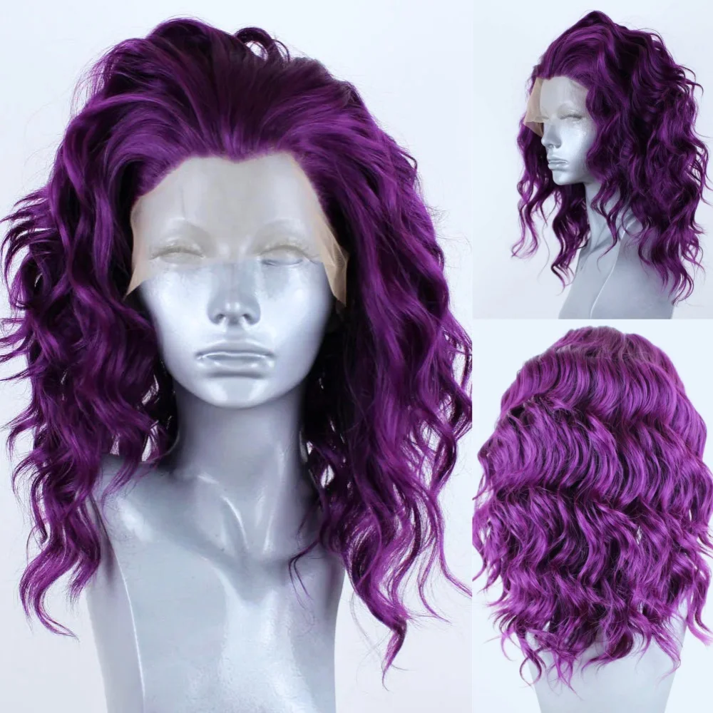 

13x4 Прозрачные парики фронта шнурка Короткая волна парик для женщин Фиолетовый цвет Синтетический парик шнурка Косплей Hd Кружевной фронтальный бесклеевой парик