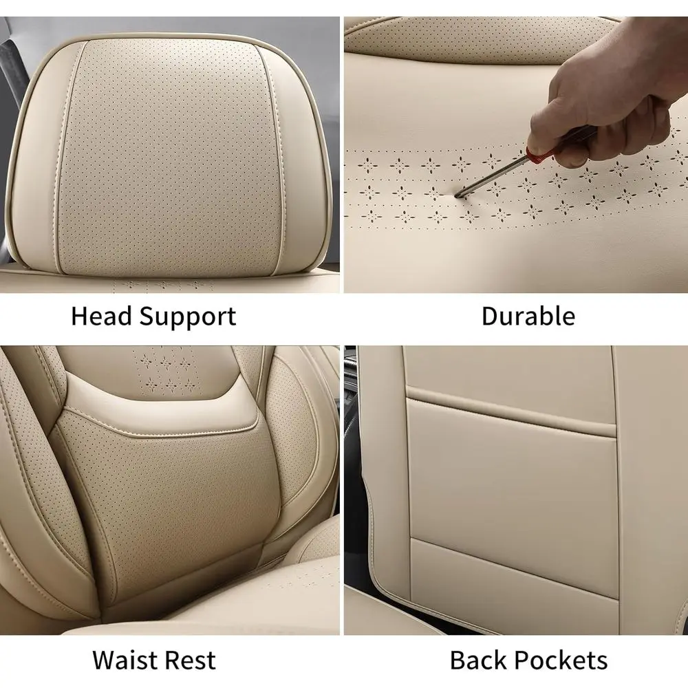 زوج من أغطية مقاعد السيارة الأمامية باللون البيج، مناسب عالمي للسيارات وسيارات الدفع الرباعي وسيارات السيدان والشاحنات