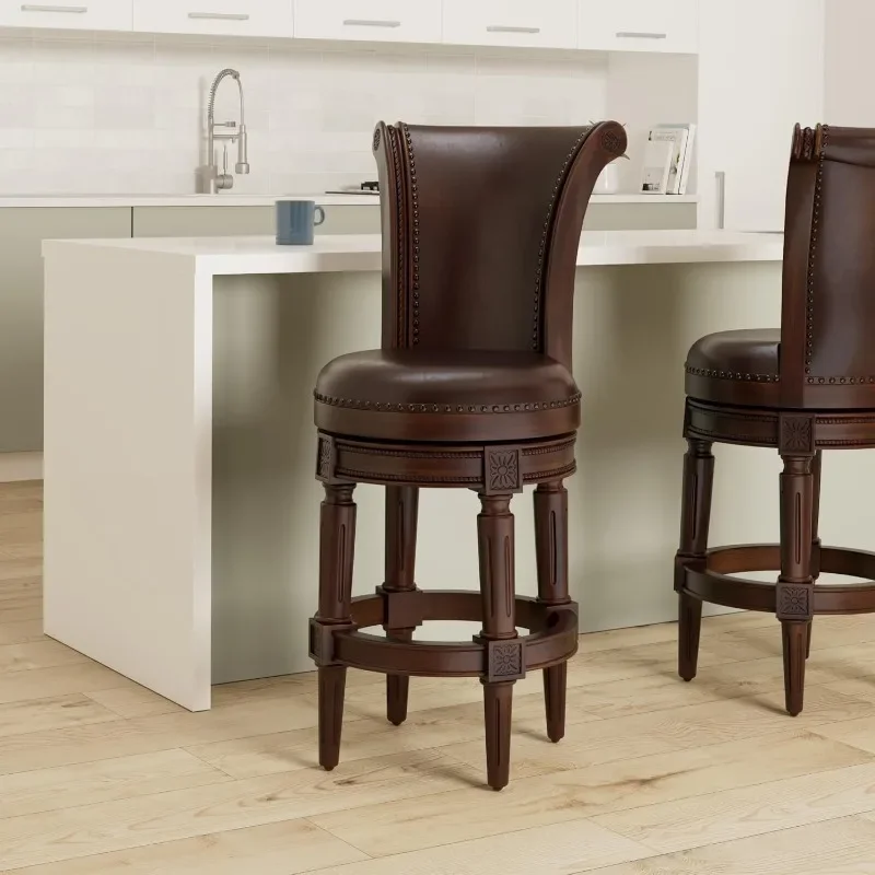 Pullman 31 Inch Tall Bar Height Upholstered Barstool with Back Dark Walnut Finish Vegan Leather Cushion Seat Set of 3