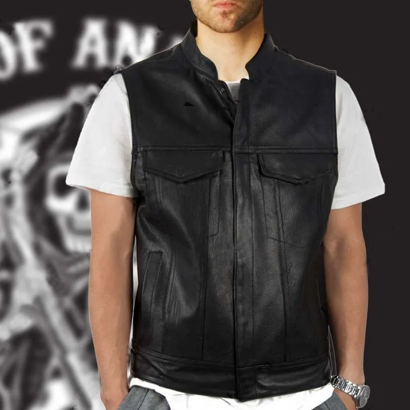 Men Faux Leather Sleeveless Vest, Stand Collar Biker Waistcoat with Multi Pockets, Black Motorcycle Riding Jacket Gilet