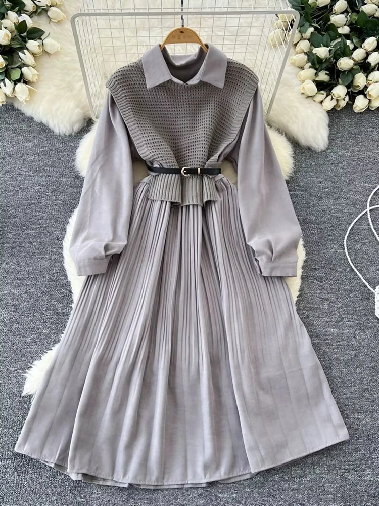 Herbst Winter Anzug Hohe Qualität Frauen Kleid Vintage Solide Turndown Kragen Langarm Plissee Kleid + Stricken Weste Mit gürtel