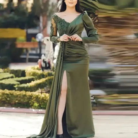 로맨틱 올리브 새틴 인어 이브닝 무도회 드레스, V 넥 아플리케, 긴 소매 구슬 파티 가운, 두바이 슬릿 바닥 길이