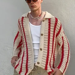 Cardigan tricoté à contraste d'épissure, pull pour homme, manteau polyvalent, mode printemps-automne, Streetwear, vêtements d'extérieur pour homme, manteaux et veste