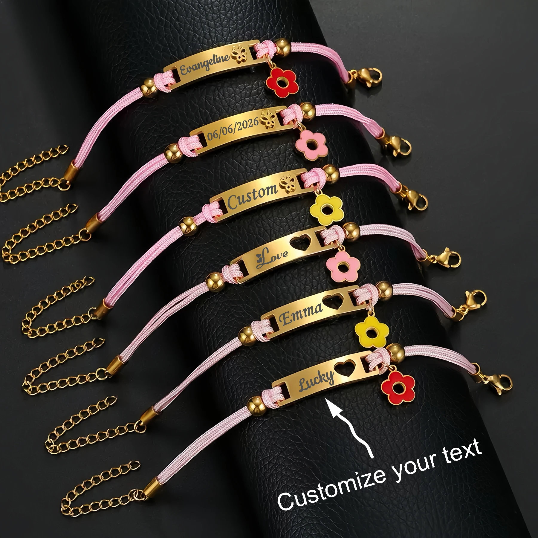 Custom Engraved Name Text Bracelet for Women Children Personalized Pink Rope Enamel Flower Parent-child Wrist Jewelry Gift