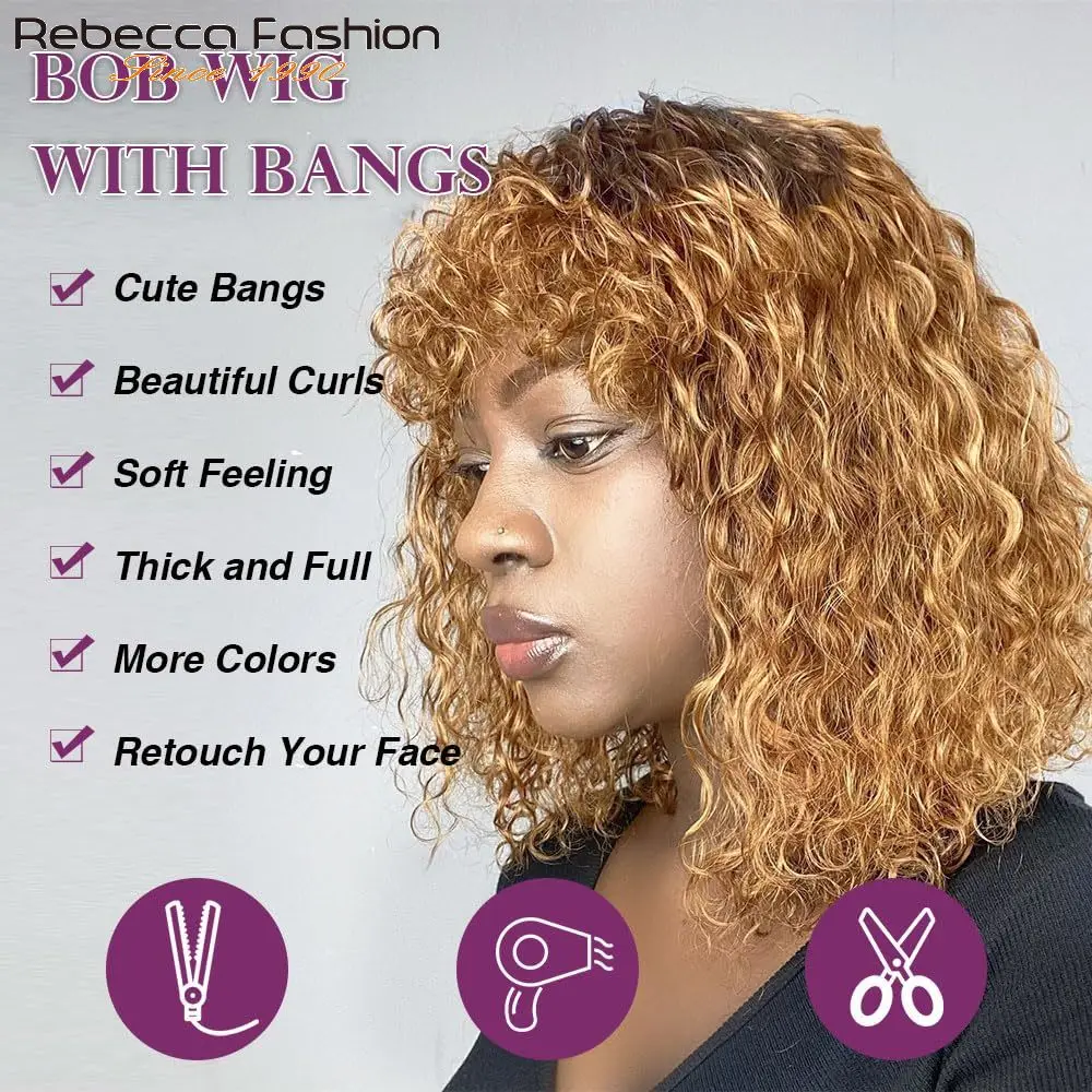 Short Curly Bob Wigs with Bangs 100% Human Hair Water Wave Glueless Wigs Through and Go 150% Density Ombre Honey Blonde Color