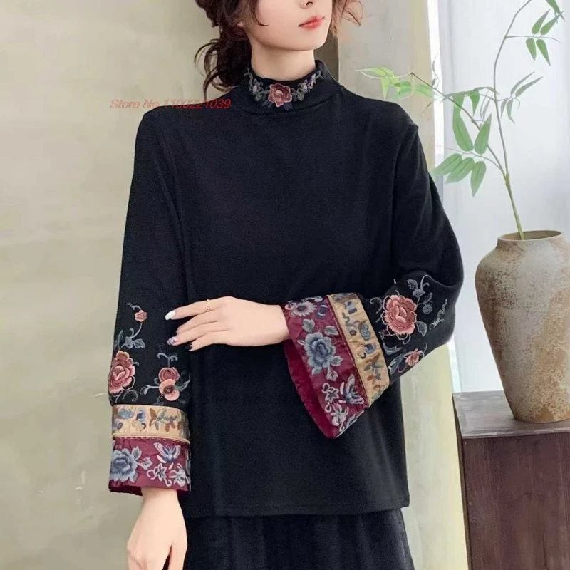 تي شيرت صيني تقليدي لعام 2025 قميص شعبي مبطن بالزهور الوطنية قميص هانفو عتيق قميص عرقي قاعدة