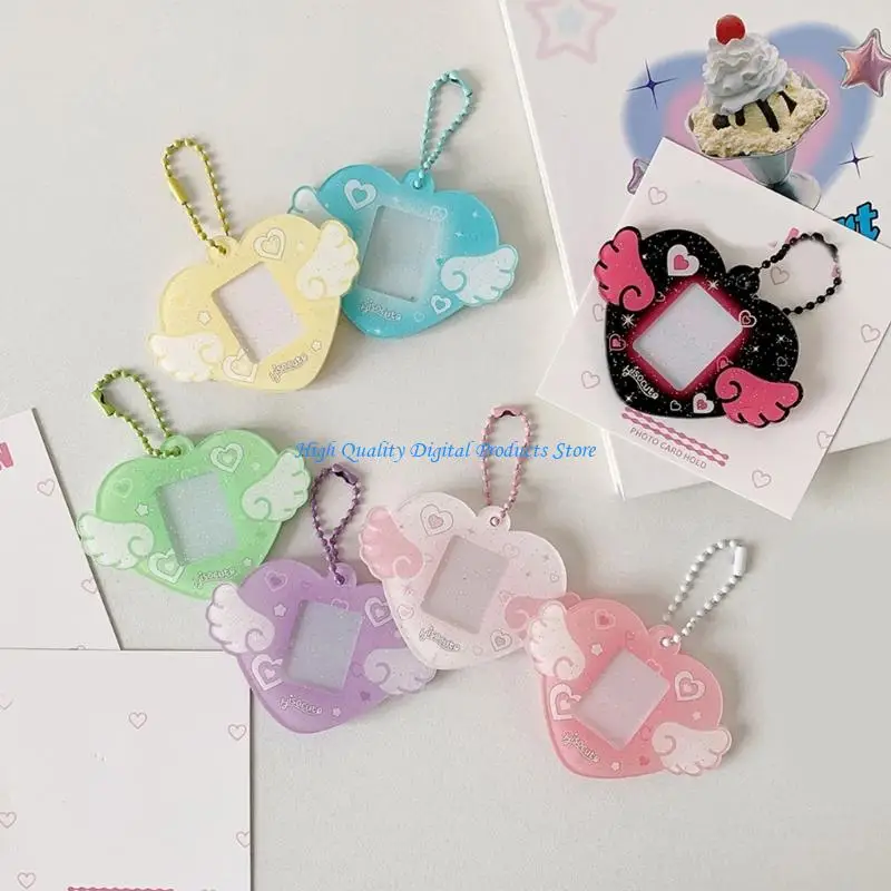 U2JEポータブル1インチ写真所有者キーチェーンハートウイングハードカードフォルダー付きフォトカードホルダー学生オフィスワーカー