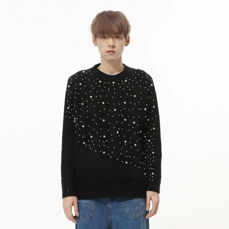 Korean Style Men's Sweaters Casual Round Collar Pearl Design Solid Color Loose Pullover Tops New Trendy Male Knits 2024