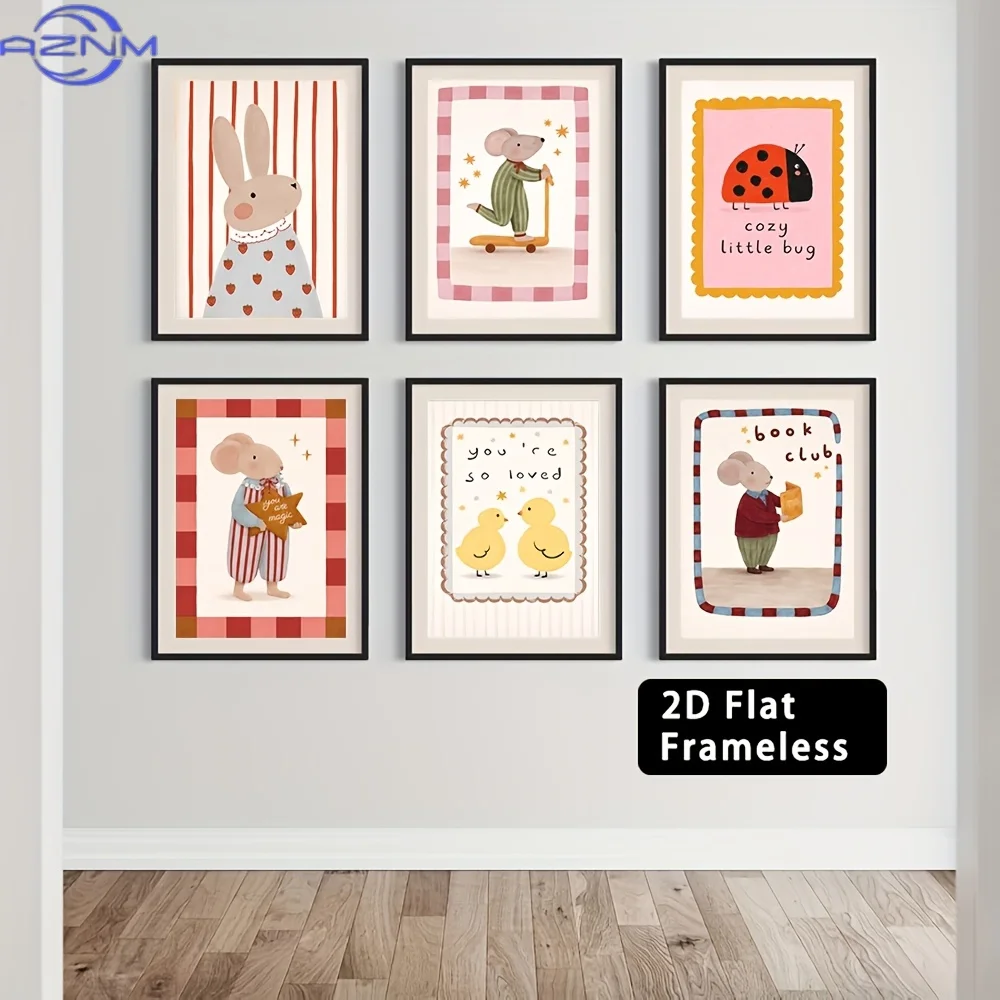 6pcs Frameless Cute Cartoon Animal Canvas Posters - Room Art And Nursery Wall Decoration (Including Mouse, Rabbit, Chick, Insect view 2