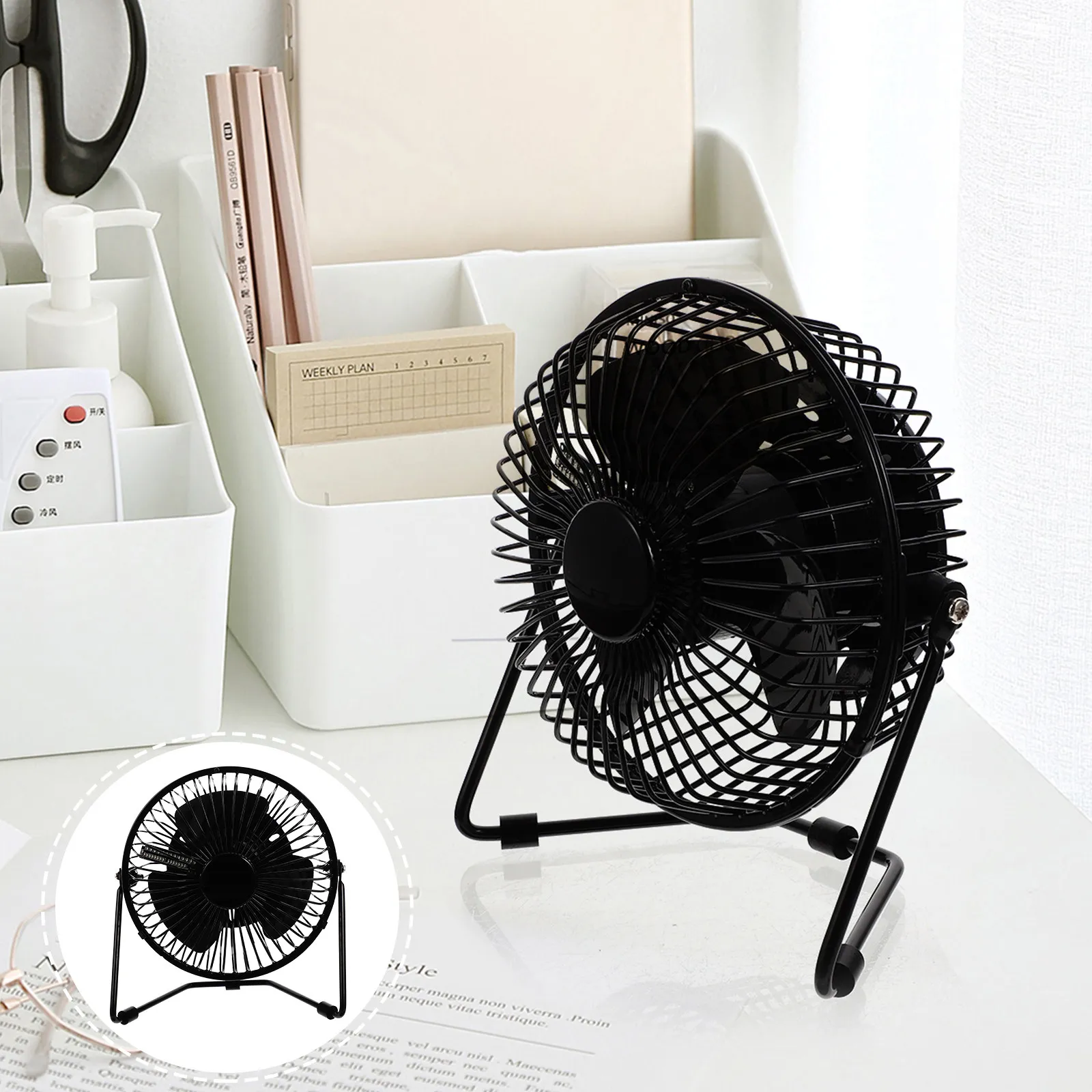

360 Degree Rotatable USB Fan with LED Clock and Temperature Display Compact Metal Personal Fan for Study Office Home