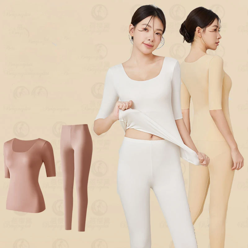 Prayger New Thin Long Johns Facial Touch Thermal Underwear Nine Panties Short Sleeves Tops Set