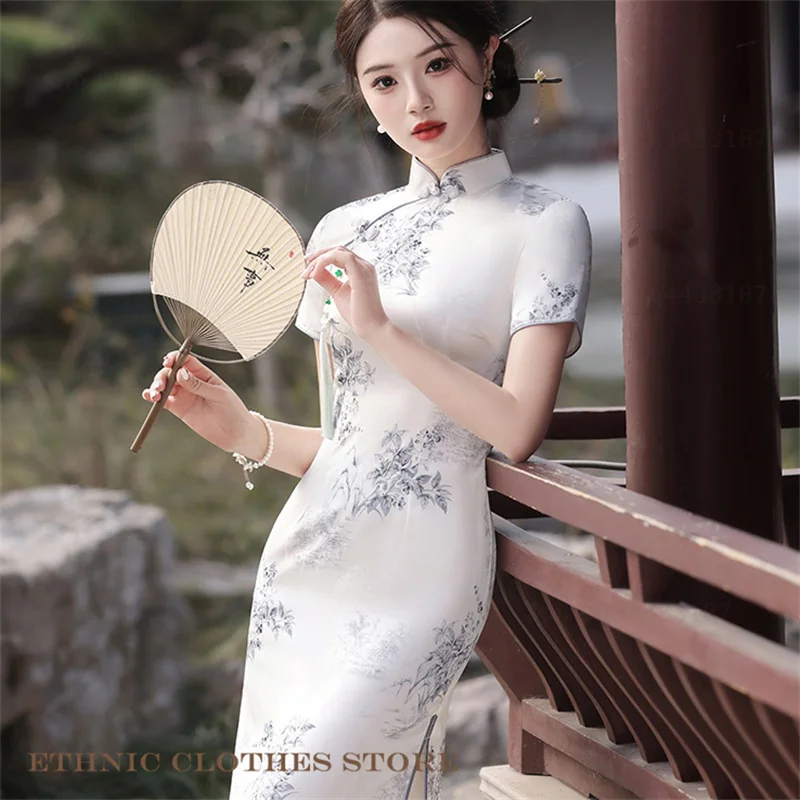 

Винтажное классическое женское длинное платье Cheongsam, элегантное улучшенное платье Ципао с короткими рукавами и цветочным принтом, Vestidos, сексуальное тонкое китайское платье