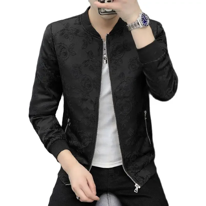 Blue Rose Embroidered Jacket Men Baseball Collar Zip-Up Coat for Men Red/black Outerwear Stylish Slim Male Overcoat Plus Size